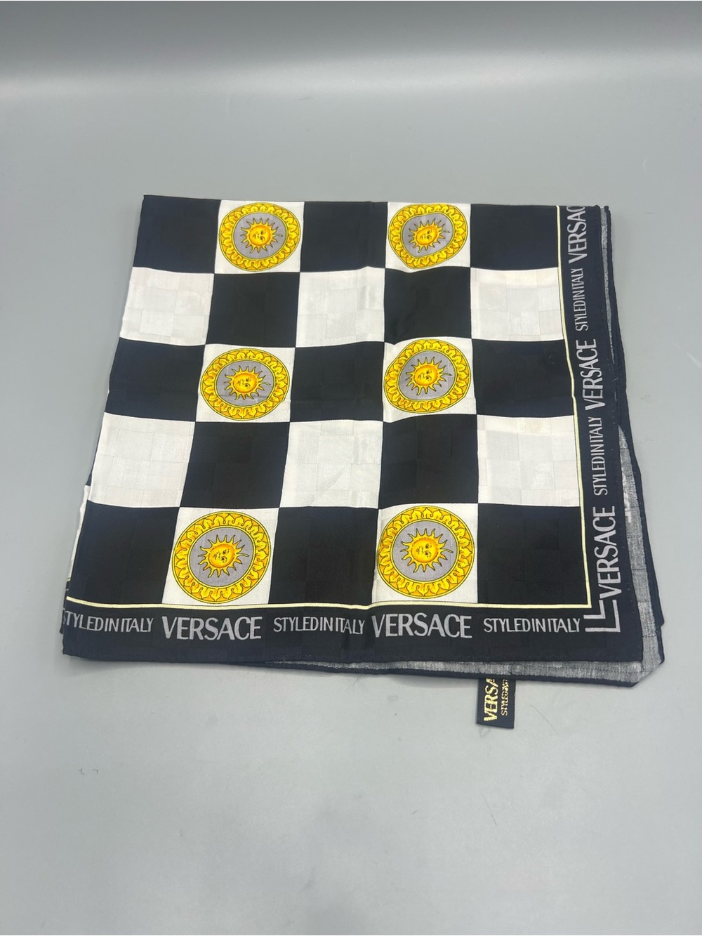 Versace Black, White & Yellow Checkerboard Medallion Sun Square Scarf